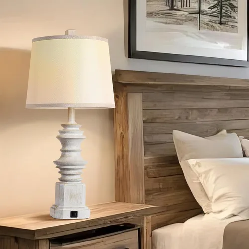 Vista 5 de QiMH - Juego de 2 lámparas de mesa para mesita de noche, lámpara de noche con dos puertos de carga USB, lámparas de mesa de decoración de granja