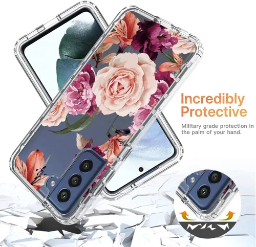 Vista 7 de Funda para Galaxy S21 FE, SM-G990U con protector de pantalla de vidrio templado, diseño floral a prueba de golpes, carcasa protectora de cuerpo