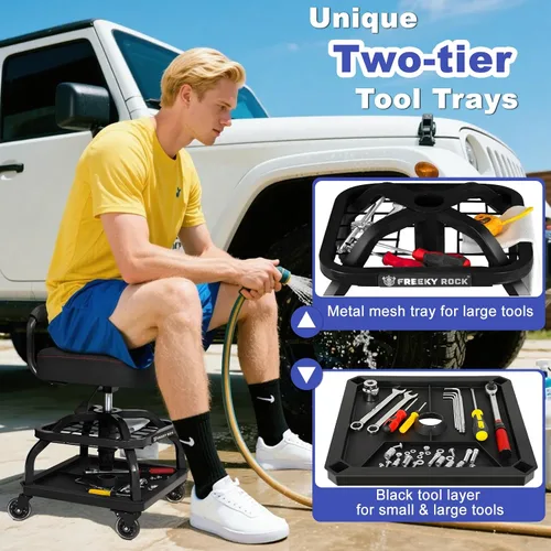 Vista 2 de Rolling Shop Taburete con ruedas, silla de taller mecánico de garaje con respaldo de asa, taburete de trabajo de altura ajustable, asiento