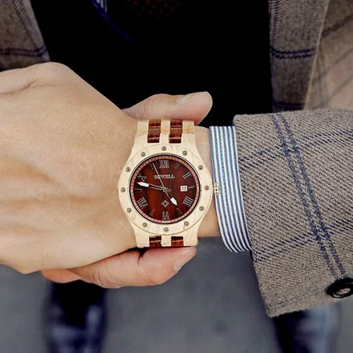 Vista 5 de Bewell Relojes de madera para hombre, reloj de pulsera luminoso de cuarzo analógico hecho a mano