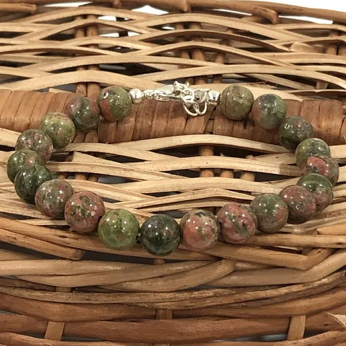 Vista 4 de Pulsera ajustable de cadena de plata con cuentas redondas de jaspe unakita natural AAA de 0.315 in de 7.5 a 8.5 pulgadas, pulsera con dijes, pulsera