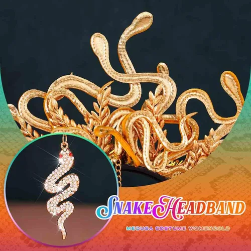 Vista 6 de GORTIN Medusa - Diadema de serpiente dorada para disfraz de Halloween, tocado de diosa griega, mascarada, cosplay, accesorios para el cabello