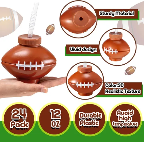 Vista 3 de Mumufy 24 tazas de pelota de fútbol con pajitas y tapas, de plástico de 12 onzas, reutilizables, suaves, para fiestas de fútbol, suministros