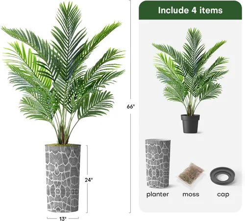 Vista 3 de Árbol artificial en maceta con patrón geométrico contemporáneo, palmera tropical areca artificial de seda para decoración del hogar en interiores