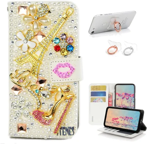 Vista 15 de Bling - Funda tipo cartera compatible con iPod Touch 5 y iPod Touch 6, elegante funda de piel con diseño de lazo hecho a mano en 3D con soporte