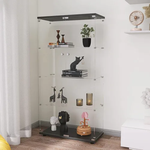 Vista 9 de Vitrina de cristal con luces LED y cerradura, vitrina Curio de 4 niveles con puerta de cristal, estantería de pie para sala de estar, dormitorio