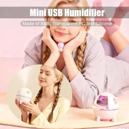 Vista 6 de Humidificadores de niebla fría, mini humidificador USB, lindo humidificador en forma de nave espacial, humidificador portátil de luz ambiental