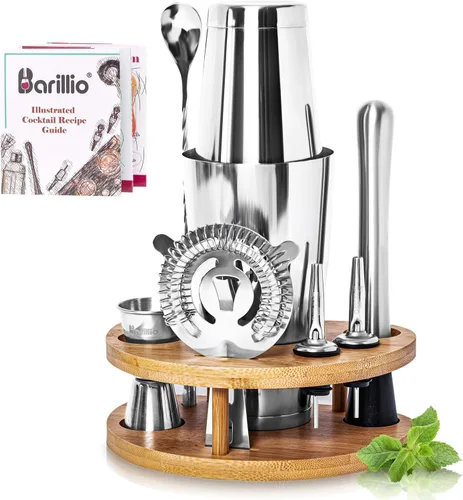 Vista 8 de Barillio Black Mixology - Kit de barman con soporte, juego de coctelera con soporte de bambú, coctelera Boston, Mojito Muddler y cuchara mezcladora