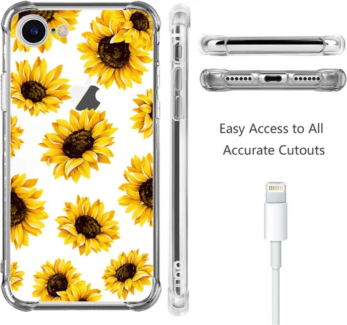 Vista 3 de Funda transparente de girasol compatible con iPhone SE 2022 SE 2020 7 8, funda trasera floral para niñas y mujeres, funda protectora transparente