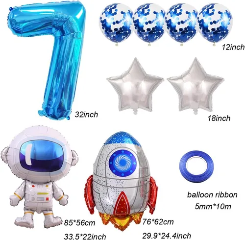 Vista 4 de Globos de cumpleaños de cohete de 7º astronauta, globo de fiesta de espacio exterior, globos gigantes de papel de aluminio de 32 pulgadas, globo