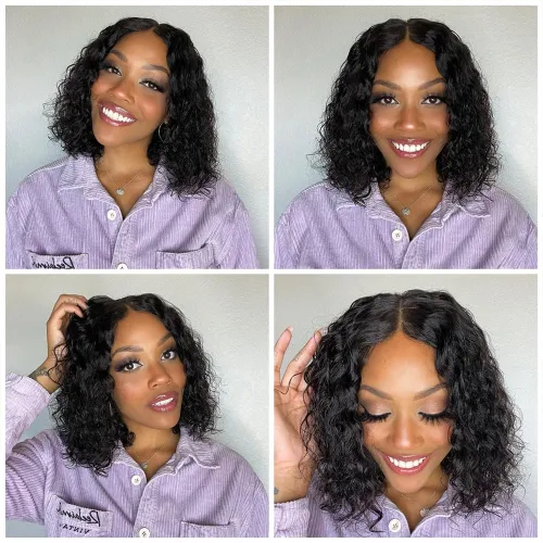 Vista 4 de Peluca BOB rizada de cabello humano 220 de densidad 13x4 de encaje frontal HD onda profunda para mujeres negras, sin pegamento, lista para usar
