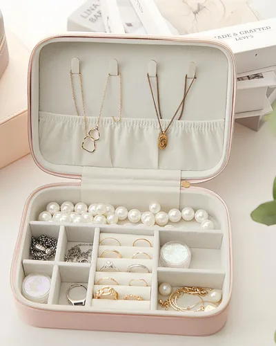 Vista 2 de Joyero organizador para viajes, joyería de piel sintética, para aretes, anillos, collares, cajas de regalo de cumpleaños de Navidad para mujeres