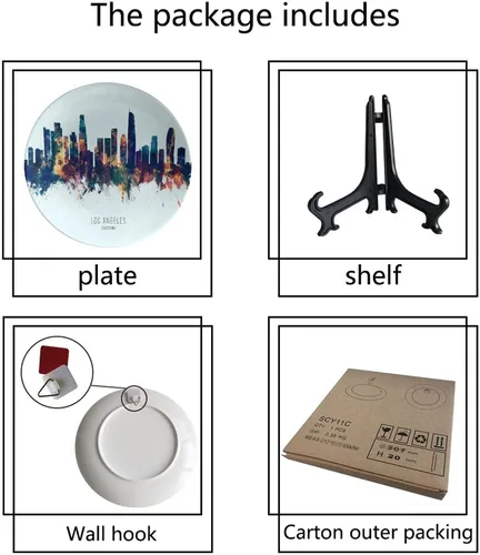 Vista 6 de Platos decorativos de horizonte de Los Ángeles, plato decorativo de paisaje urbano con soporte, adorno de cerámica para decoración de cocina, 6