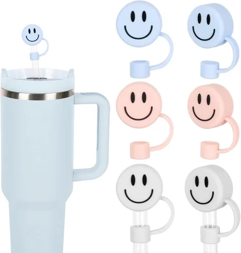 Vista 10 de Whaline 6 fundas de paja negras con diseño de sonrisa de 0.4 pulgadas, de silicona, reutilizables, redondos, con patrón de doble cara, para vasos