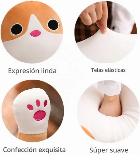 Vista 2 de Almohada larga de felpa de gato, suave, peluche, diseño de animales Marrón