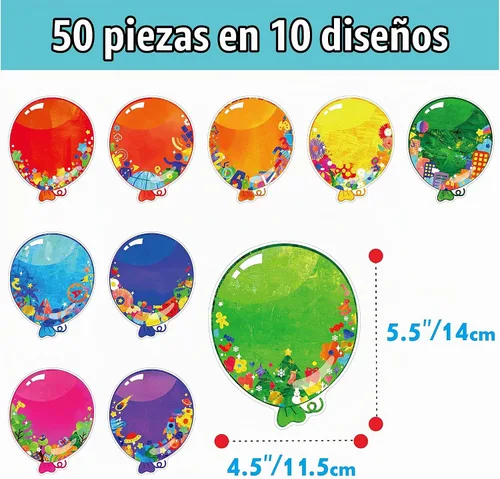 Vista 4 de 50 recortes de globos, impresión de doble cara con detalles de globos, recortes de tablón de anuncios, decoración de aula en 10 diseños
