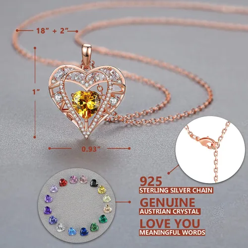Vista 39 de Collar de cristal de 5 corazones, chapado en oro rosa de 18 quilates, colgante con cadena de plata de ley 925 de 18 + 2 pulgadas, joyería de piedra