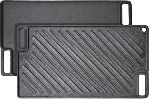 Vista 12 de VEVOR Parrilla/plancha reversible, plancha de hierro fundido pre-sazonada de 14 x 8.5 pulgadas, sartén rectangular portátil con asa, utensilios