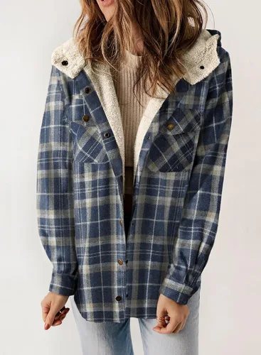 Vista 7 de Dokotoo - Chaqueta para mujer, manga larga, con botones y capucha, de vellón, cálida, a cuadros