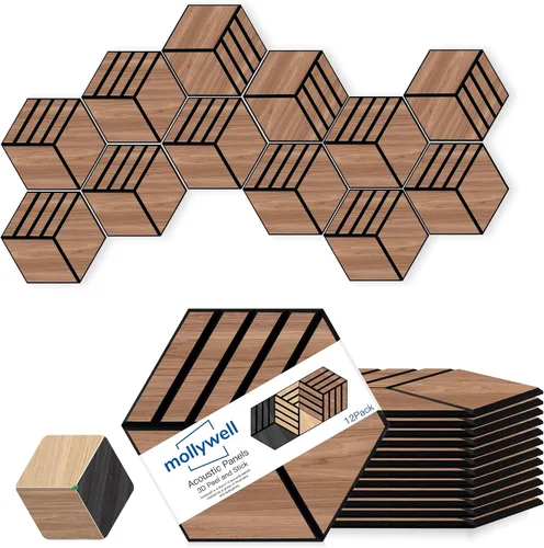 Vista 9 de Mollywell Paneles acústicos, grano de madera de PVC, azulejos de pared tallados en hexágono a prueba de sonido, fieltro autoadhesivo de alta