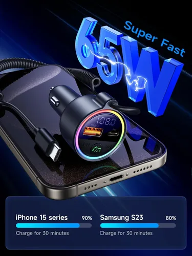 Vista 4 de Adaptador de coche de transmisor FM Bluetooth 5.4 de 77 W [PD3.0 65W+12W de carga rápida] Adaptador Bluetooth para automóvil