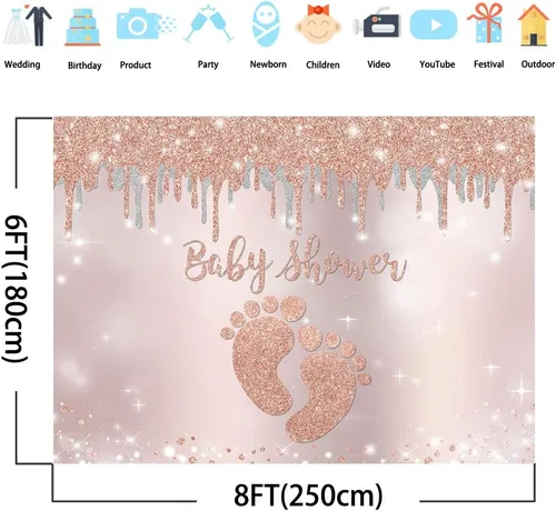 Vista 3 de Avezano Telón de fondo de baby shower de oro rosa para niña, decoración de fiesta de baby shower, 8 x 6 pies