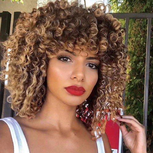 Vista 8 de YEAME Pelucas rizadas para mujeres negras, peluca rizada afro con flequillo, negro natural, resistente al calor, peluca completa de 15 pulgadas #1B
