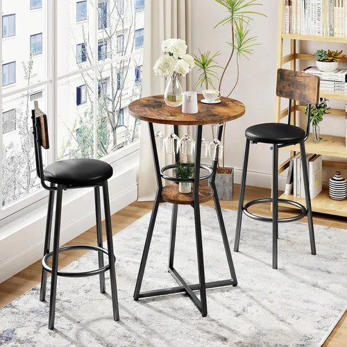 Vista 4 de HOOBRO Mesa redonda de bar, mesa de bar de 2 niveles con soporte para copas de vino, mesa de cóctel industrial, para espacios pequeños, taberna