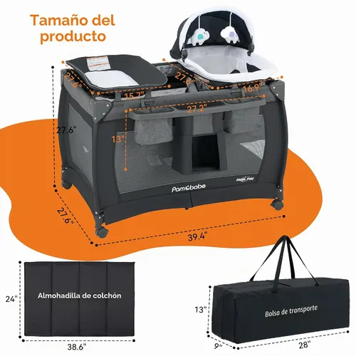 Vista 3 de Pamo Babe Playard Magic Fold - Corralito plegable para bebé, corralito portátil, centro para bebé con moisés para recién nacidos, moisés para Gris