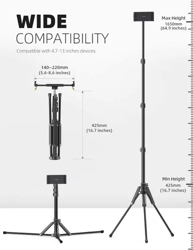 Vista 5 de Lamicall Soporte de trípode para tablet de 64.9 pulgadas con altura ajustable para transmisión/visualización con control remoto Bluetooth, para iPad