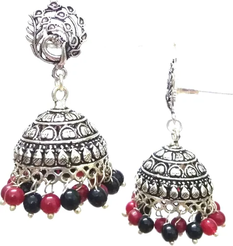 Vista 2 de DESI HAWKER pendiente de plata oxidada Bali Jhumki Jhumka joyería Bollywood gota cuelga gancho araña pavo real NI-195