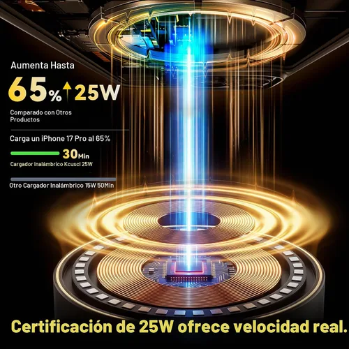 Vista 4 de Estación de carga inalámbrica magnética con altavoz, carga rápida de 25 W certificada Qi2.2, duradera y portátil con sonido claro, estéreo gris