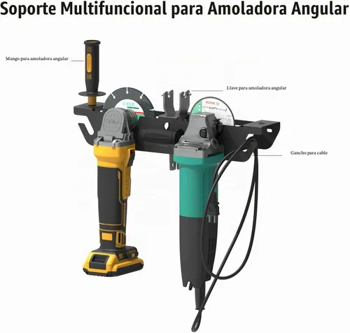 Vista 5 de UNITEDPOWER Soporte de amoladora angular - Estante de almacenamiento/soporte de 4 bahías con colgador de cable, soporte de montaje en pared