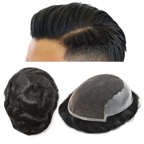 Vista 25 de Toupee para hombres pieza de pelo suave suizo encaje real sistema de cabello humano reemplazo blanqueado nudo mens tupé sistema de pelo para hombres