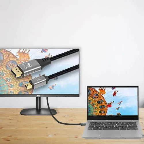 Vista 4 de Cable Mini DP a DisplayPort 8K de 3.3 pies de 3.3 ft, 8K a 60Hz, 4K a 144Hz, transmisión bidireccional, compatible con Macbook, Surface Pro, TV