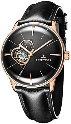Vista 2 de REEF TIGER Relojes de vestir de lujo para hombre oro rosa Tourbillon relojes automáticos correa de cuero RGA8239