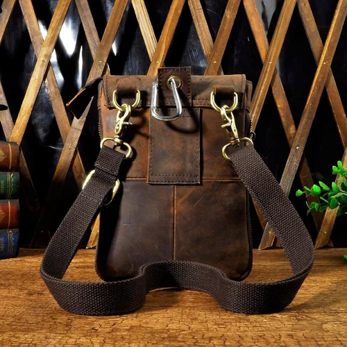 Vista 3 de Le'aokuu Riñonera pequeña de cuero genuino para hombre, bolsa de hombro para teléfono, cinturón y cintura, café Oscuro Grande