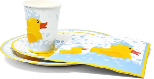 Vista 2 de Gift Boutique 96 piezas de suministros de fiesta de patos de goma, platos de papel, servilleta para patos amarillos, pato, baño de burbujas, pijama