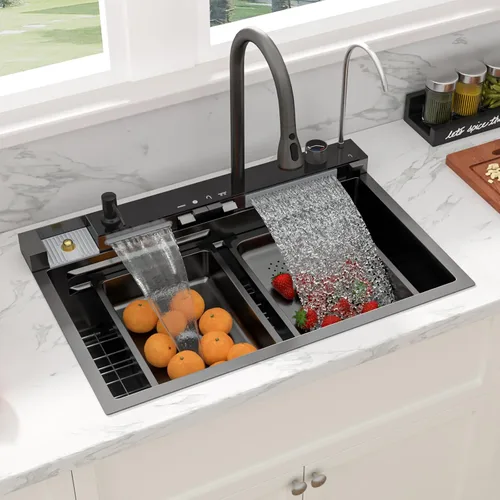 Vista 32 de Sarlai - Fregadero de cocina de cascada de 31 pulgadas, de montaje superior - 31x20 Fregadero de cocina con borde y estación de trabajo, de acero