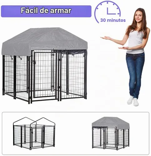 Vista 6 de BestPet Perrera resistente para perros de 4 x 4.3 pies con techo impermeable, jaula grande de acero galvanizado para perros medianos y grandes