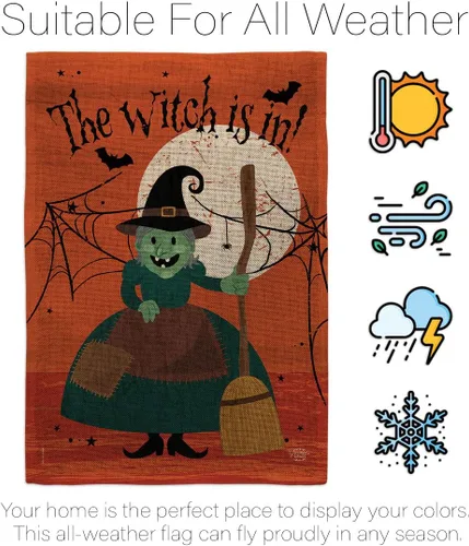 Vista 6 de Juego de banderas de Halloween con estacas de jardín, cartel de arpillera para puerta, soporte de pared, tumba, porche, tapiz al aire libre, bruja