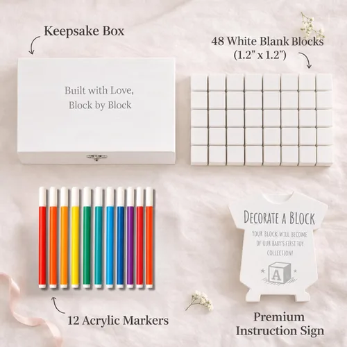 Vista 4 de Nolia Baby Shower Blocks Decorating Game – 48 White Wooden Cubes to Decorate, Storage Box, 12 Acrylic Markers & Instruction Sign