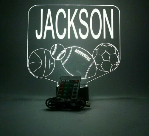 Vista 2 de Sports Array - Balón de fútbol, béisbol, fútbol, baloncesto con nombre personalizado, lámpara de luz nocturna con nombre personalizado, lámpara