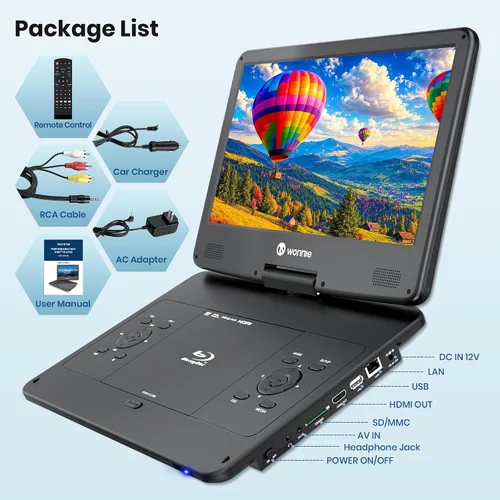 Vista 9 de WONNIE Reproductor Blu Ray portátil de 16.9 pulgadas con pantalla giratoria grande Full HD de 14.1 pulgadas 1080P, reproductor de DVD Blu-ray