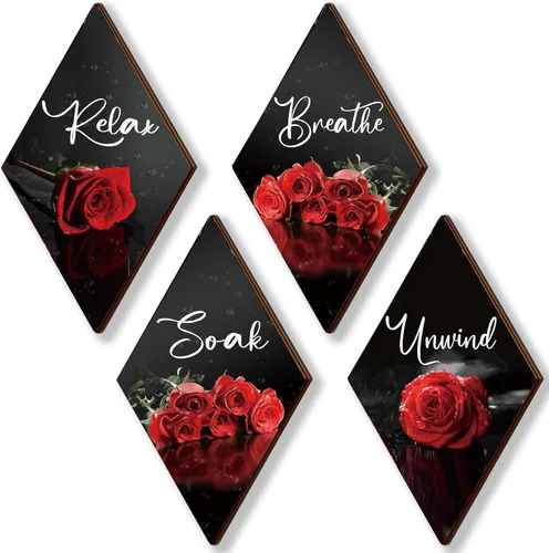 Vista 8 de ONIZHITY Juego de 4 decoraciones de pared de madera con rosas azules, decoración de pared de madera, rústico, romántico, floral, decoración de pared
