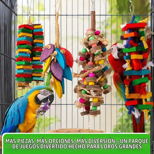 Vista 5 de Soulchen Juego de 4 juguetes de loro de pájaro extra grande, juguete masticable de madera natural, bola de ratán, cuerda de lufa de tuerca de madera