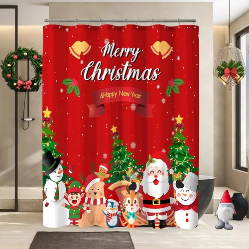 Vista 2 de Red Santa Claus Snowman Merry Christmas Happy New Year Shower Curtain for Bathroom, Holiday Xmas Bath Home Decor 72x72 Inch