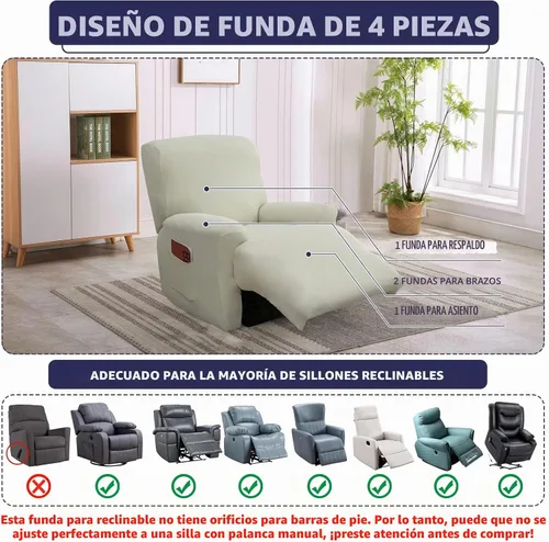 Vista 3 de Iauddy - Funda elástica para sillón reclinable de 4 piezas, protector de muebles suave y ajustado para sillón reclinable con bolsillo, funda