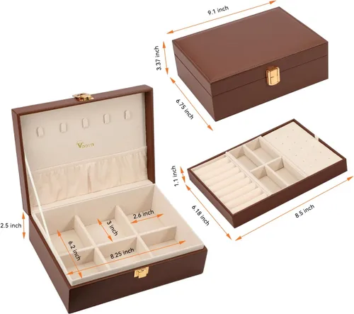 Vista 6 de Voova Joyero organizador para mujeres y niñas, 2 capas grandes para hombres, estuche de almacenamiento de joyas de piel sintética con bandeja