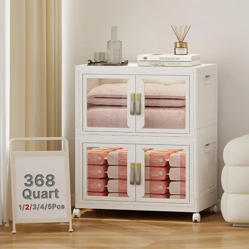 Vista 24 de Contenedor de almacenamiento apilable de 48 cuartos de galón con tapa, ruedas y puerta, organizador plegable de 12 galones para dormitorio, estudio
